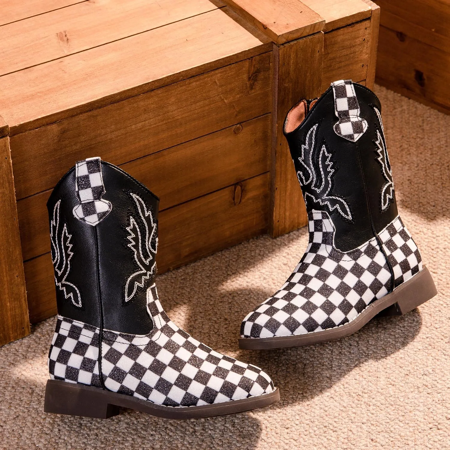 kkdom Girls Cowgirl Boots Mid Calf Square Toe Western Boot for Kids Glitter Cowboy Boot Riding Shoes for Toddler Little Big Girls