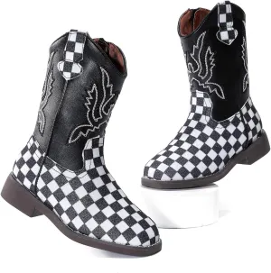 kkdom Girls Cowgirl Boots Mid Calf Square Toe Western Boot for Kids Glitter Cowboy Boot Riding Shoes for Toddler Little Big Girls