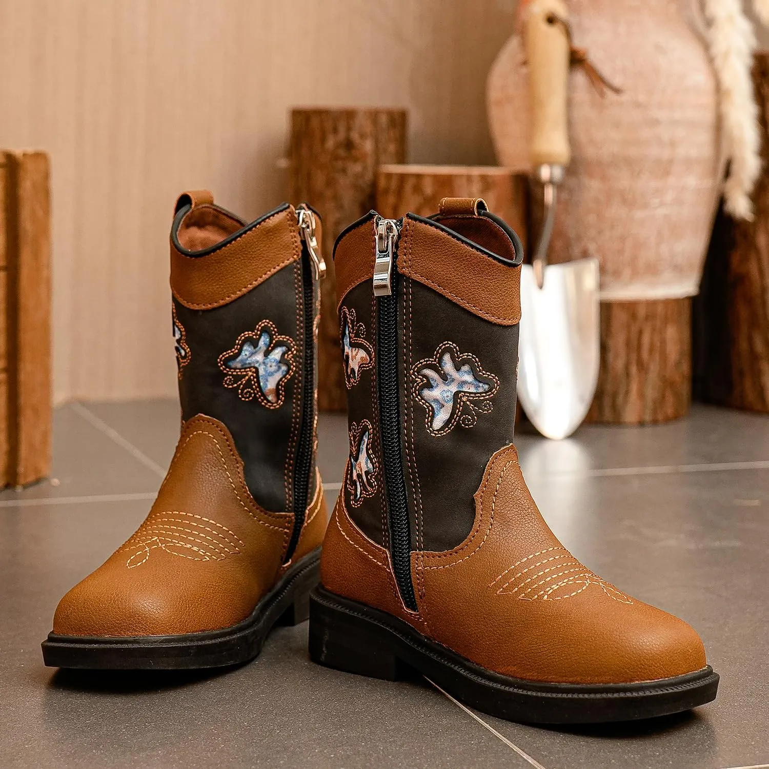 kkdom Toddler Girls Cowgirl Boots Western Glitter Butterfly Embroidery Cowboy Boot Ankle Boots Horse Riding Shoes