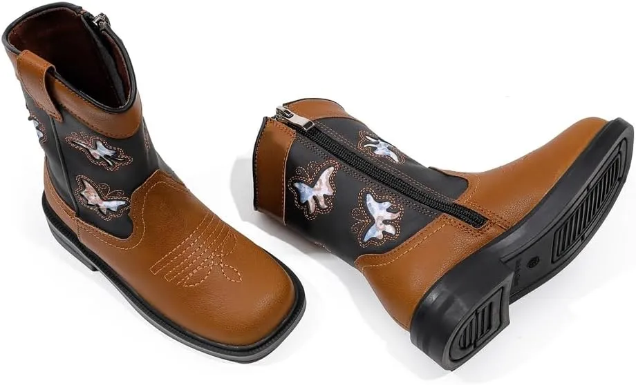 kkdom Toddler Girls Cowgirl Boots Western Glitter Butterfly Embroidery Cowboy Boot Ankle Boots Horse Riding Shoes