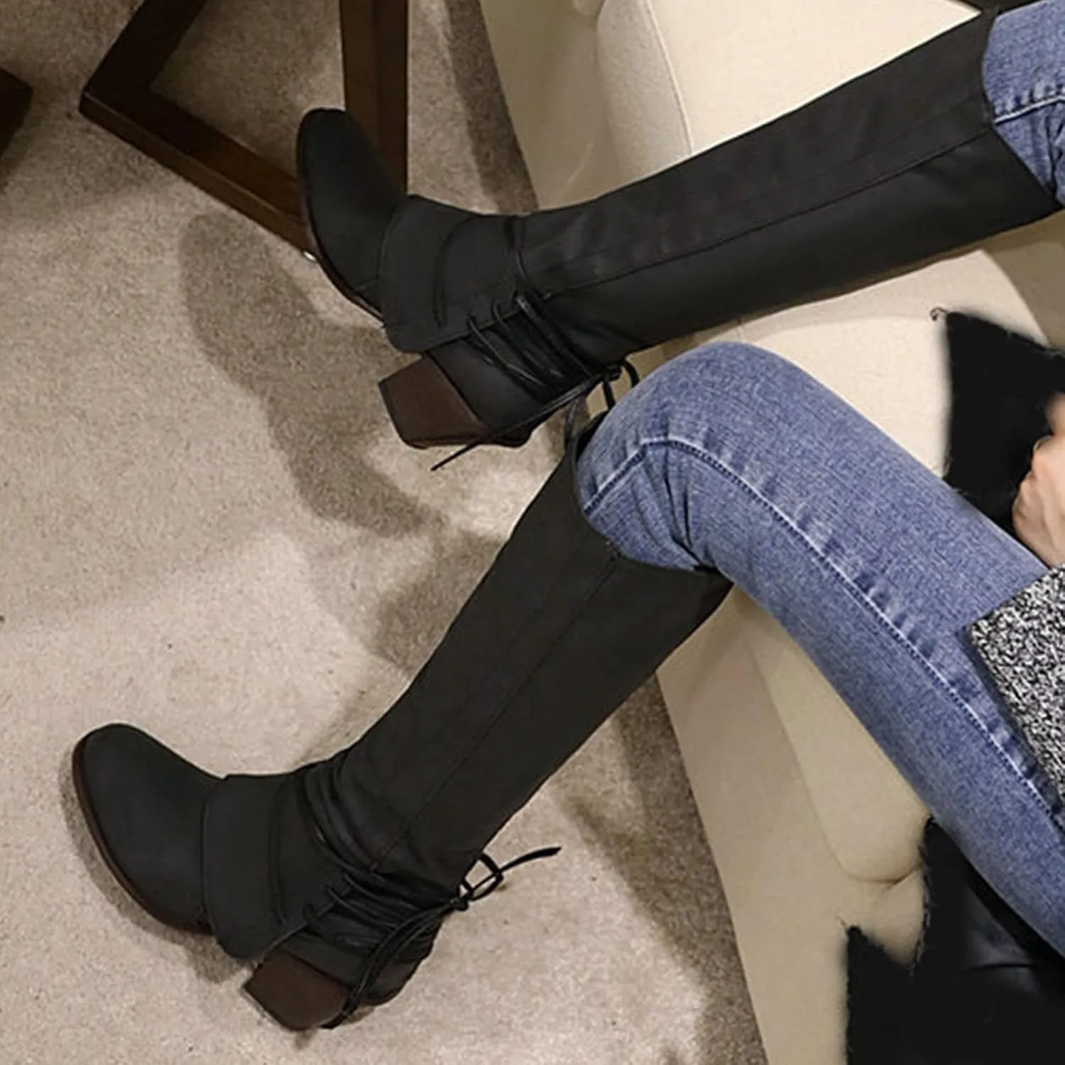 Knee High Boots Women - Vintage Pointed Toe Straps Lace Up Chunky Heel Long Boots Winter Warm Solid High Heel Leather Riding Boots Casual Shoes