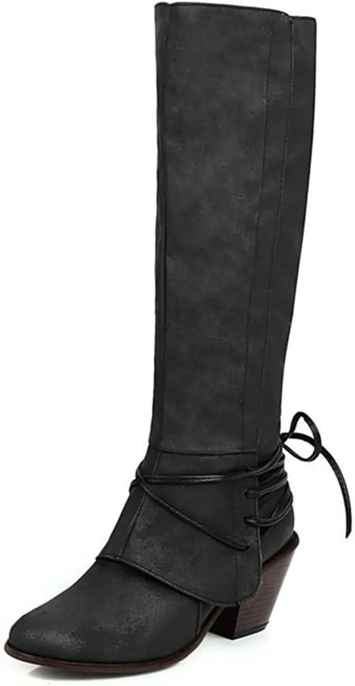 Knee High Boots Women - Vintage Pointed Toe Straps Lace Up Chunky Heel Long Boots Winter Warm Solid High Heel Leather Riding Boots Casual Shoes
