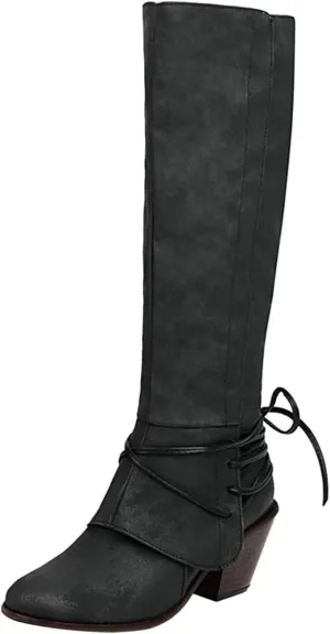 Knee High Boots Women - Vintage Pointed Toe Straps Lace Up Chunky Heel Long Boots Winter Warm Solid High Heel Leather Riding Boots Casual Shoes