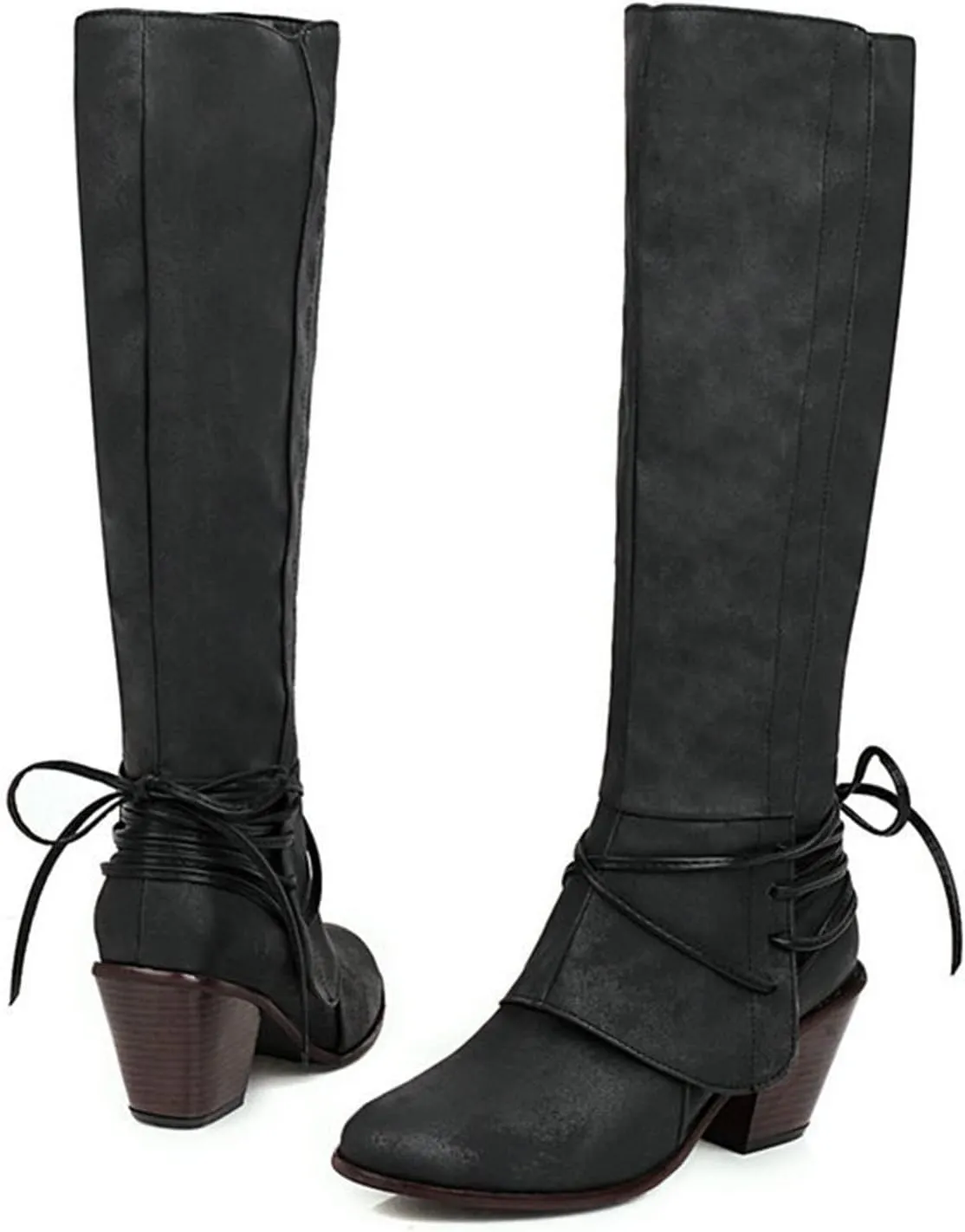 Knee High Boots Women - Vintage Pointed Toe Straps Lace Up Chunky Heel Long Boots Winter Warm Solid High Heel Leather Riding Boots Casual Shoes
