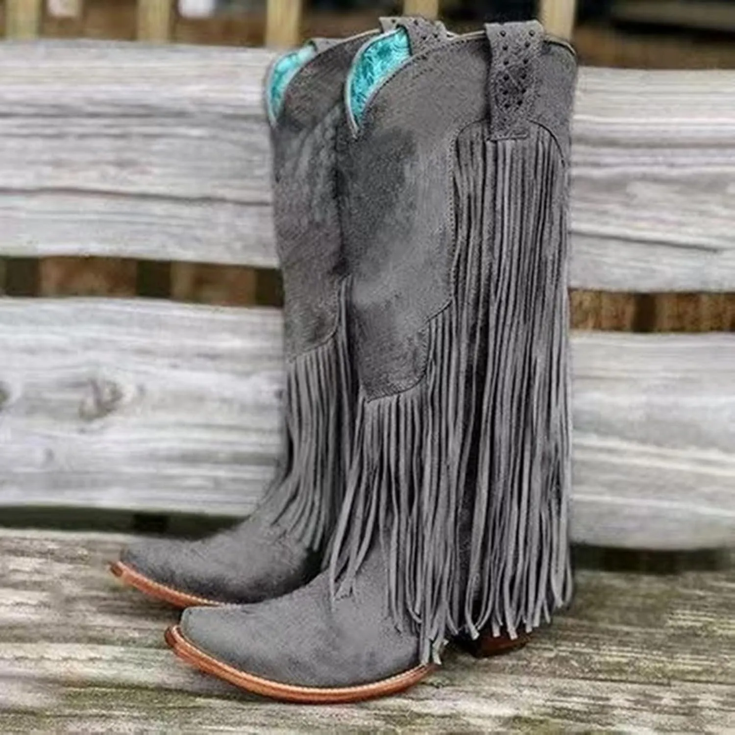 Knee High Cowboy Boots Women Cowgirl Boots Women Western Fringe Tassel Chunky Heels Pointed Toe Slip on Women Boots