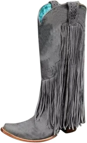 Knee High Cowboy Boots Women Cowgirl Boots Women Western Fringe Tassel Chunky Heels Pointed Toe Slip on Women Boots