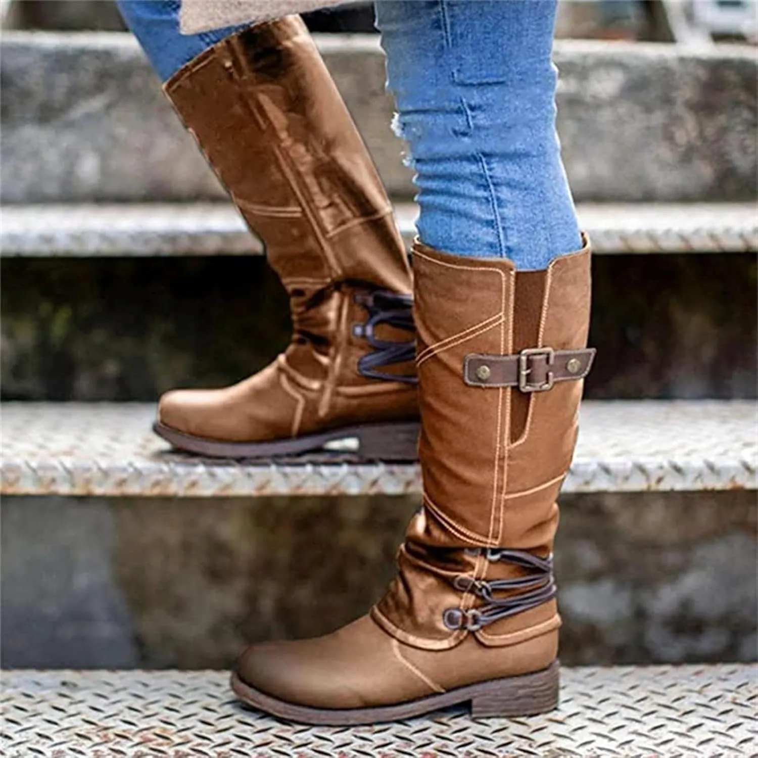 Ladmiple Boots For Women Knee High Wide Calf Leather Winter Side Zipper Combat Boots Western Motorcycle Riding Biker Boots