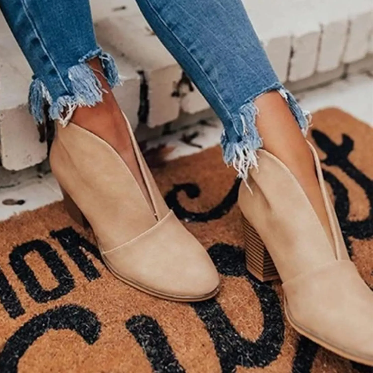 Leather Women Ankle Boots Dressy Boots Short Boots Women Leather Stacked Chunky Heels Women's Fahsion Boots Western