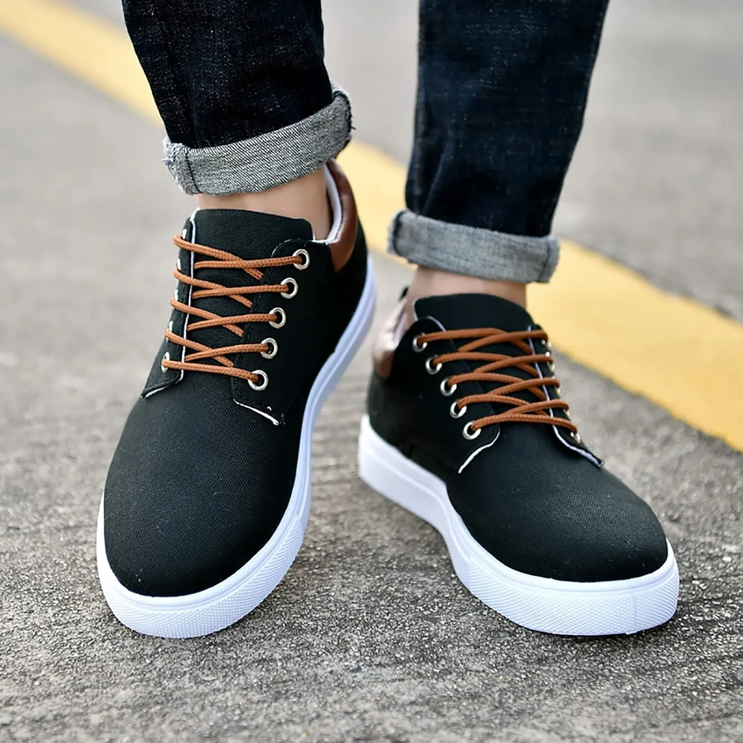 Men Low Top Canvas Walking Shoes Lace-Up Fashion Casual Sneakers Wide Width Breathable Sport Shoes Slip On Platform Sneakers