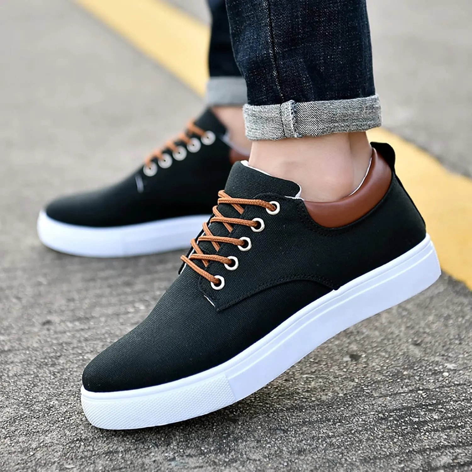Men Low Top Canvas Walking Shoes Lace-Up Fashion Casual Sneakers Wide Width Breathable Sport Shoes Slip On Platform Sneakers