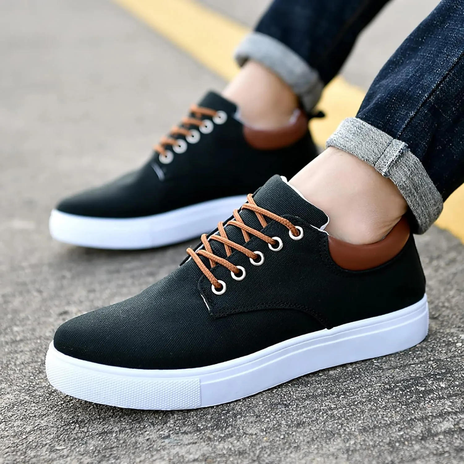 Men Low Top Canvas Walking Shoes Lace-Up Fashion Casual Sneakers Wide Width Breathable Sport Shoes Slip On Platform Sneakers