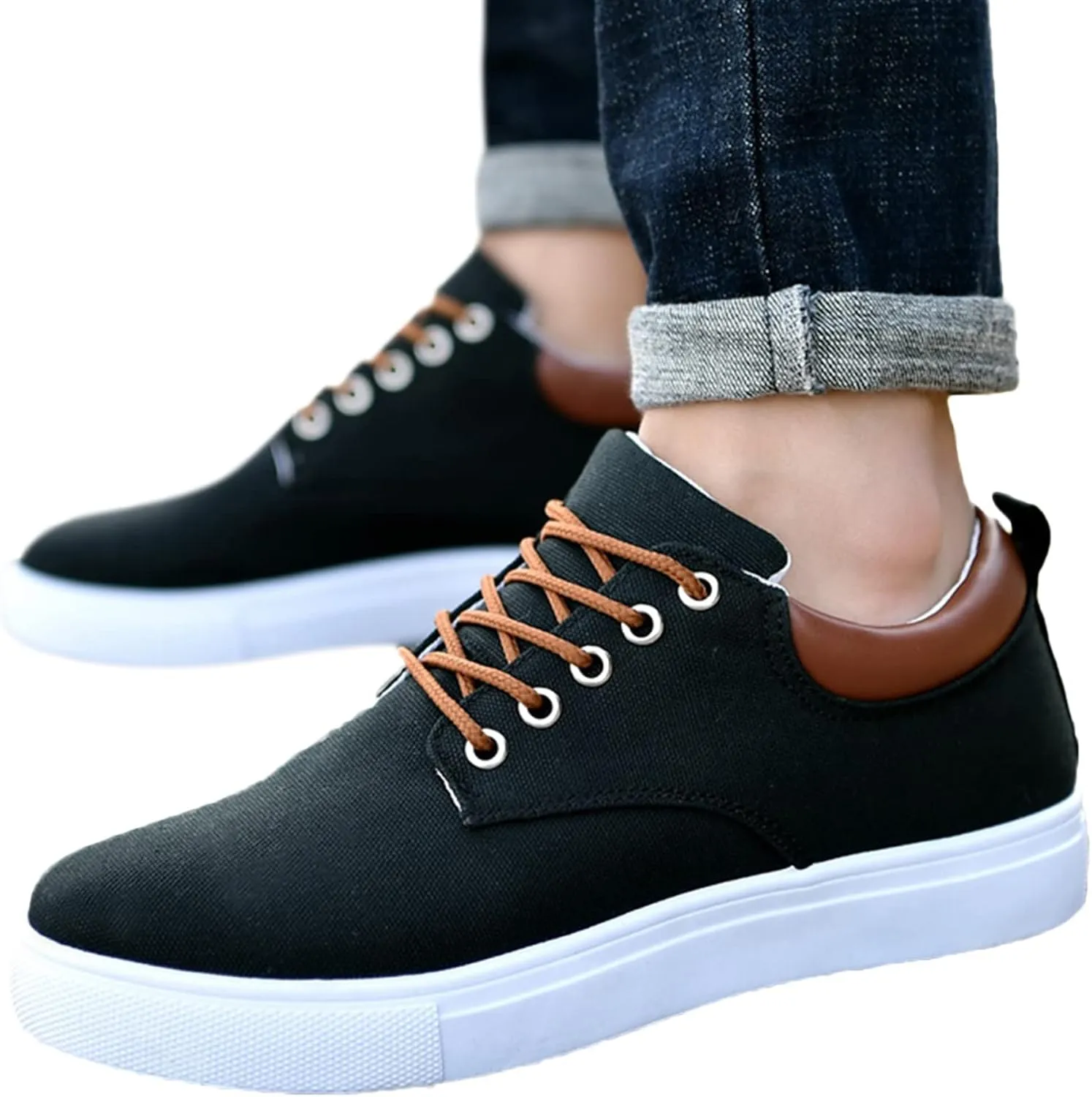 Men Low Top Canvas Walking Shoes Lace-Up Fashion Casual Sneakers Wide Width Breathable Sport Shoes Slip On Platform Sneakers