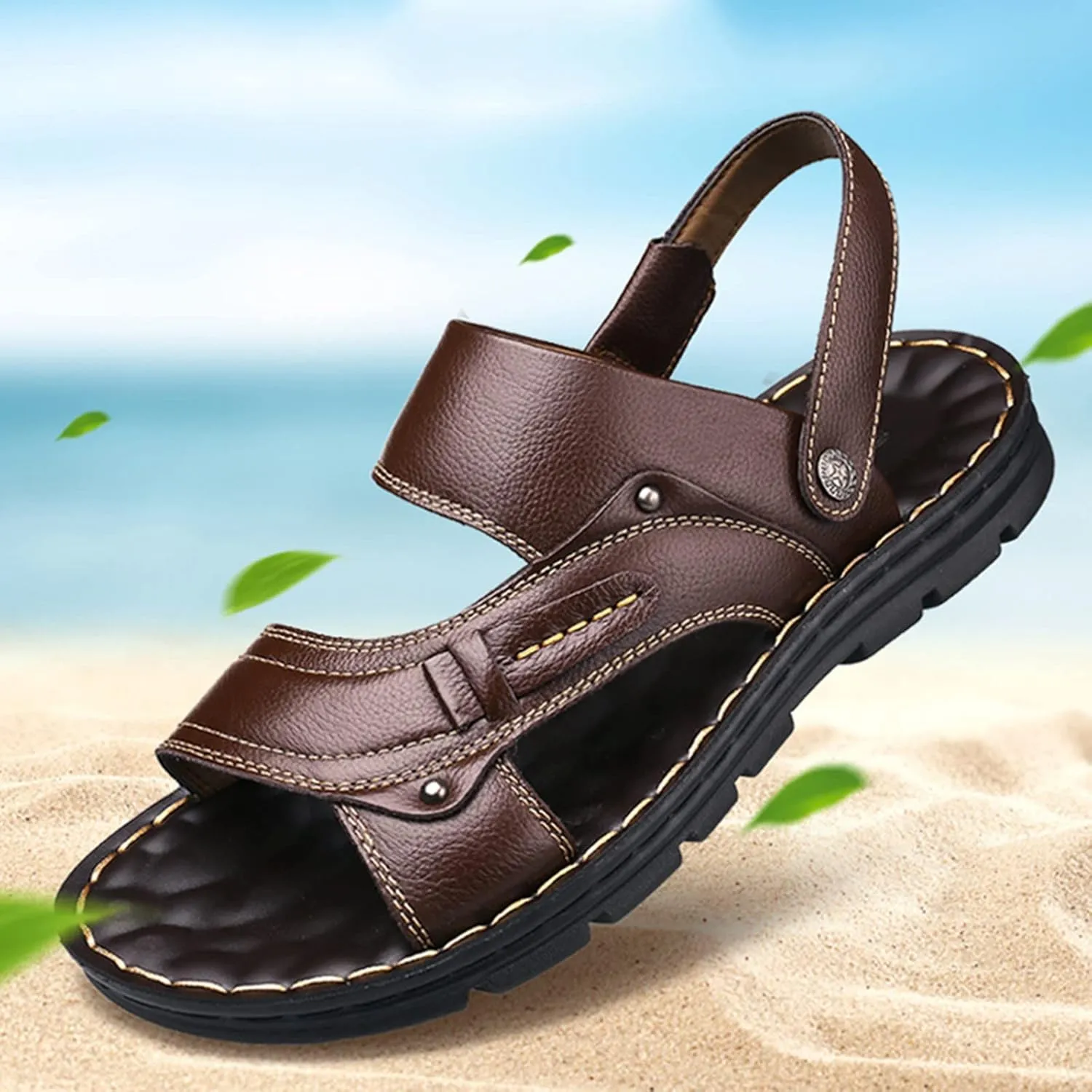 Men Summer Casual Leather Sandals Leather Beach Shoes Slip Men Slides Slippers