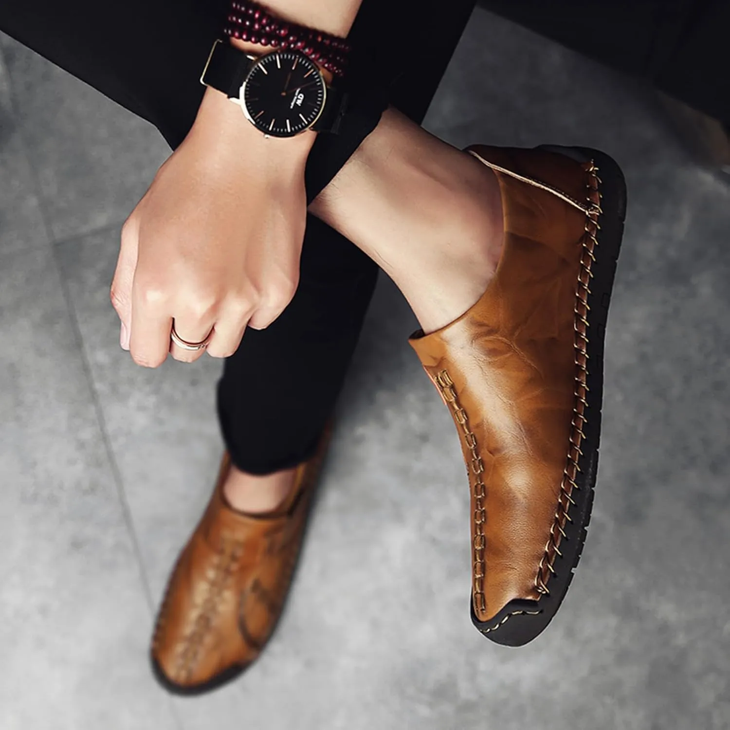 Men's Causal Loafers Slip on Leather Handmade Driving Oxford Flats Comfortable Walking Shoes