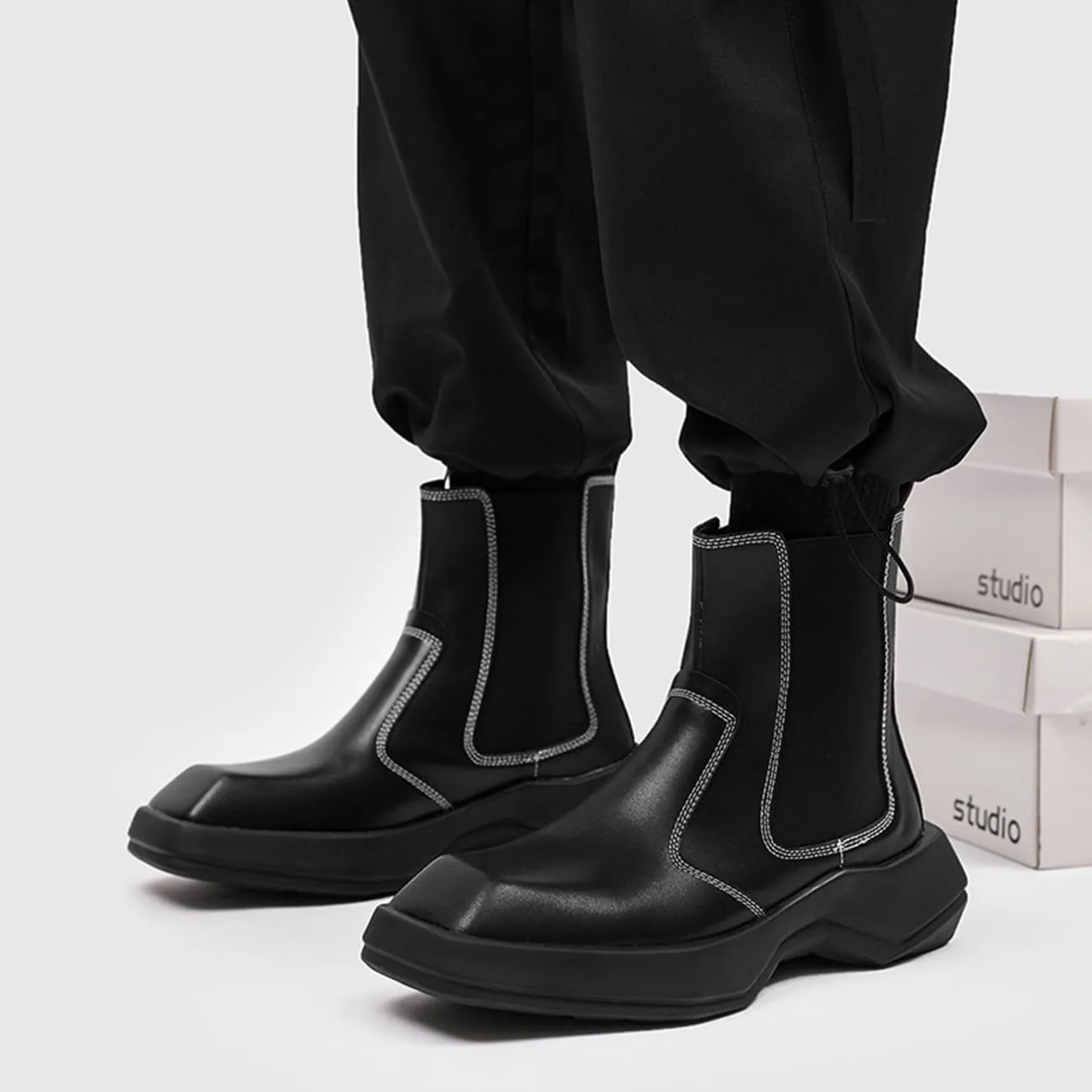 Mens Chelsea Boots Comfort Platform Work Boots Zipper Leather High Top Motorcycle Boots