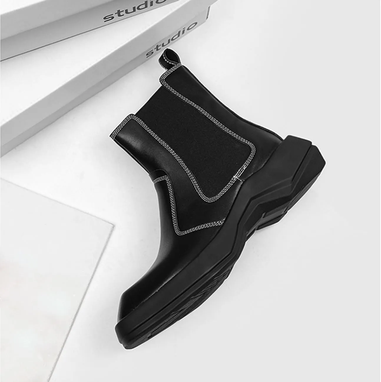 Mens Chelsea Boots Comfort Platform Work Boots Zipper Leather High Top Motorcycle Boots