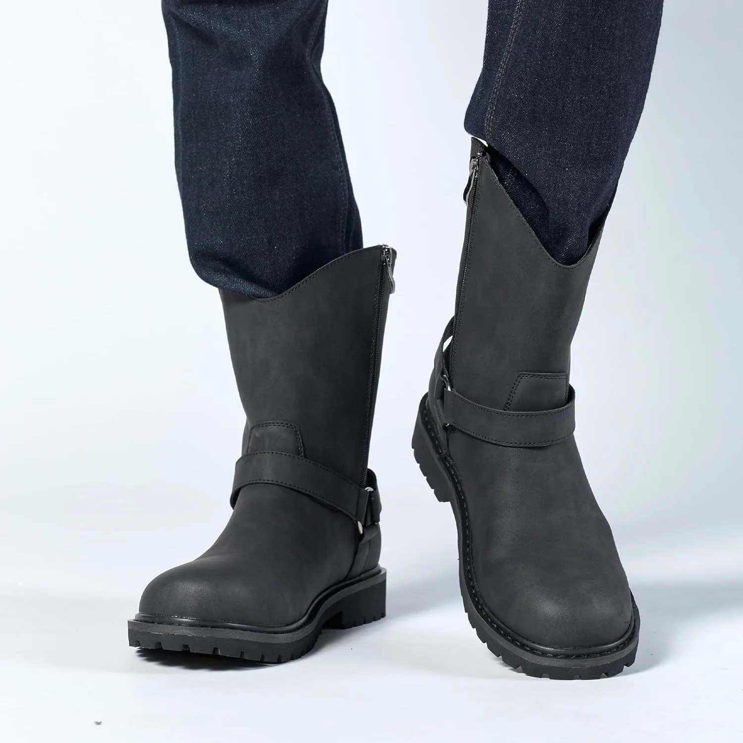 Men's Classic Retro Anti Slip Side Zippered Motorcycle Leather Boots, Black Waterproof Low Heeled Riding Boots, Wide Calf Cowboy Boots, Hiking Hunting Boots