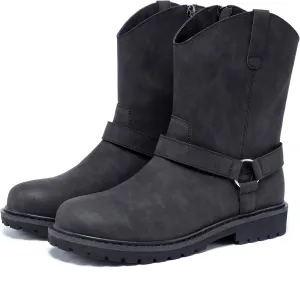Men's Classic Retro Anti Slip Side Zippered Motorcycle Leather Boots, Black Waterproof Low Heeled Riding Boots, Wide Calf Cowboy Boots, Hiking Hunting Boots