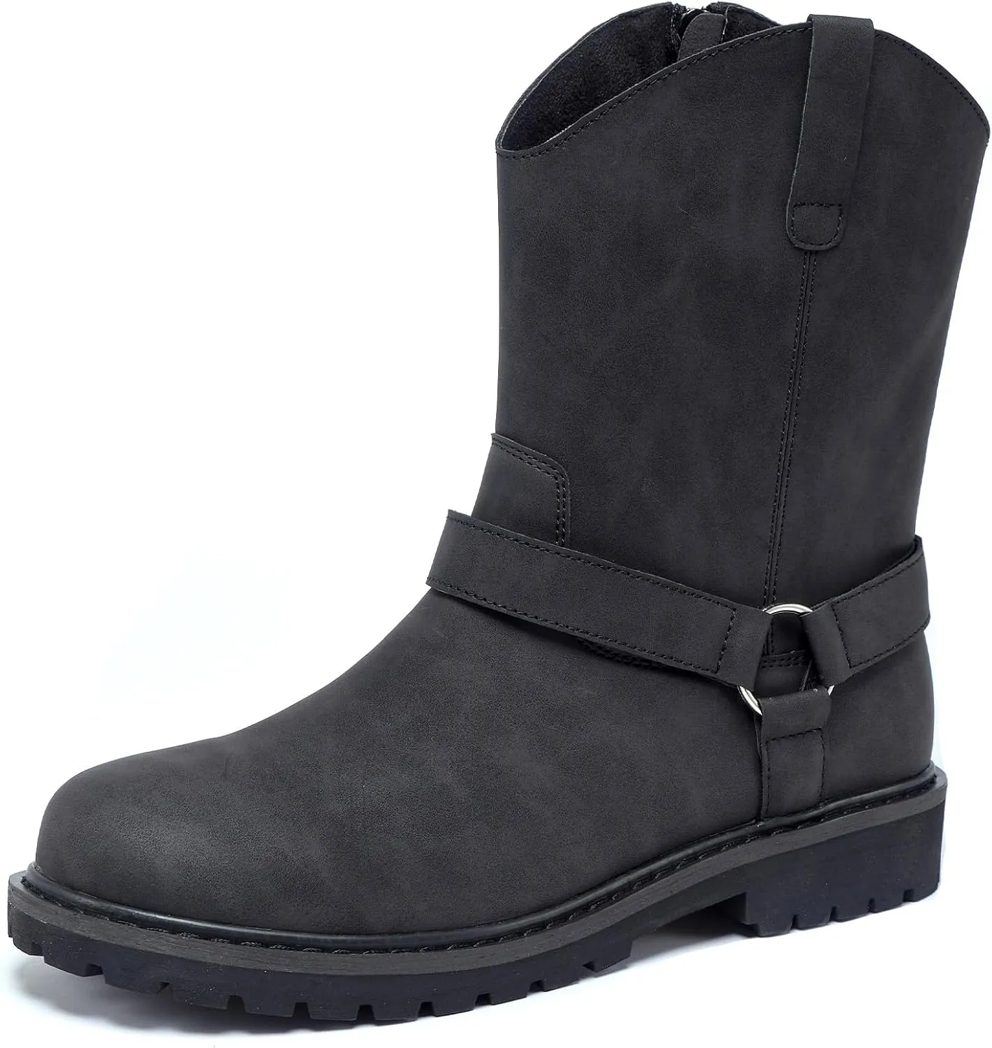 Men's Classic Retro Anti Slip Side Zippered Motorcycle Leather Boots, Black Waterproof Low Heeled Riding Boots, Wide Calf Cowboy Boots, Hiking Hunting Boots
