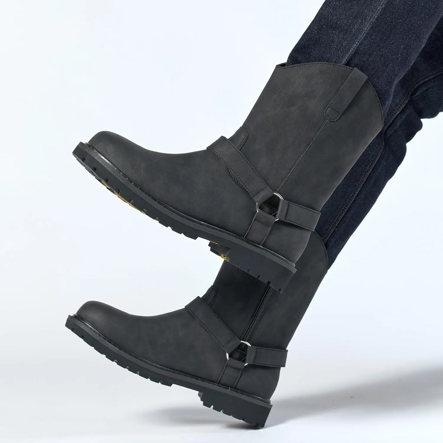 Men's Classic Retro Anti Slip Side Zippered Motorcycle Leather Boots, Black Waterproof Low Heeled Riding Boots, Wide Calf Cowboy Boots, Hiking Hunting Boots