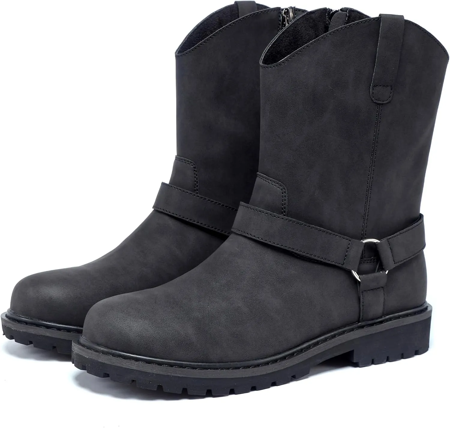 Men's Classic Retro Anti Slip Side Zippered Motorcycle Leather Boots, Black Waterproof Low Heeled Riding Boots, Wide Calf Cowboy Boots, Hiking Hunting Boots