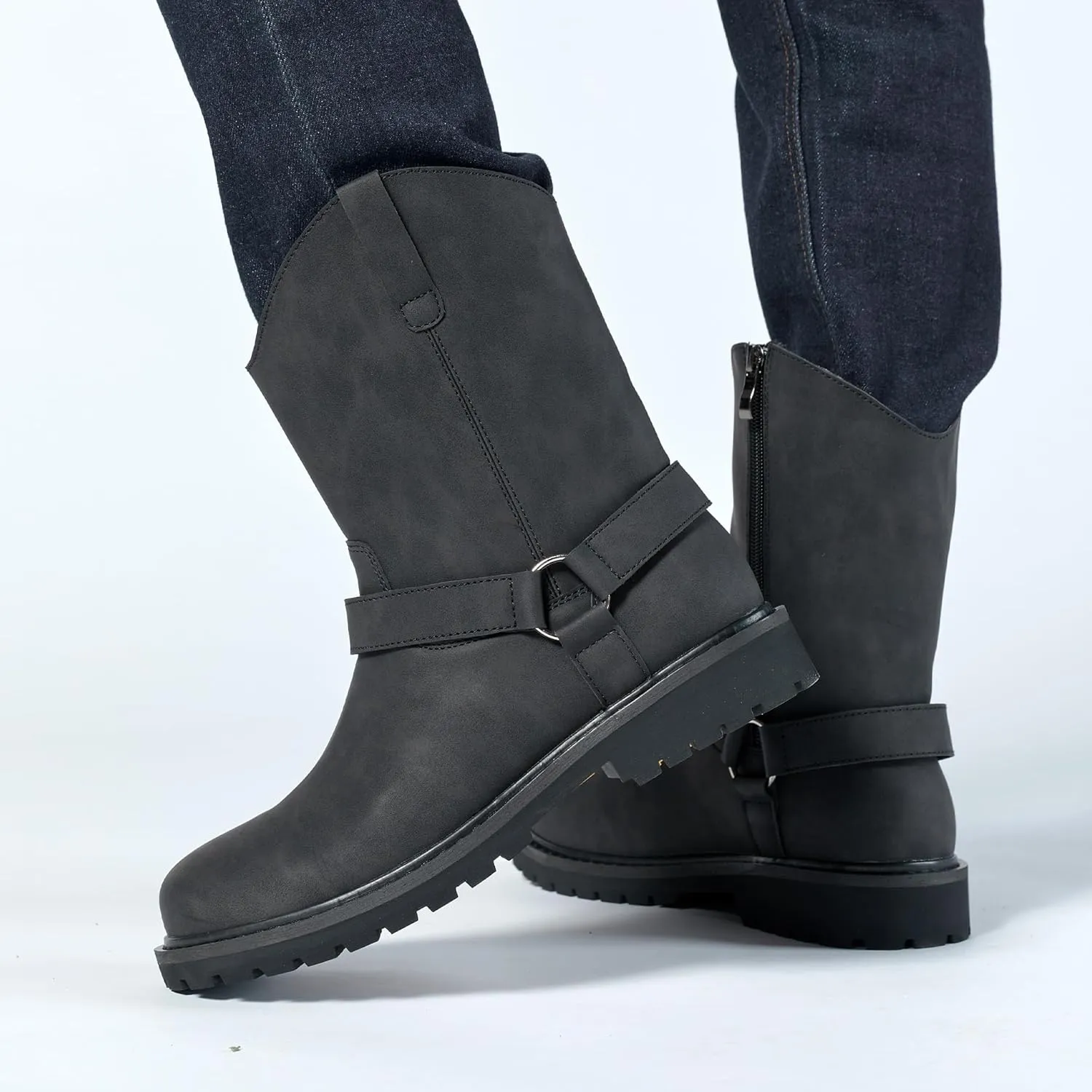 Men's Classic Retro Anti Slip Side Zippered Motorcycle Leather Boots, Black Waterproof Low Heeled Riding Boots, Wide Calf Cowboy Boots, Hiking Hunting Boots