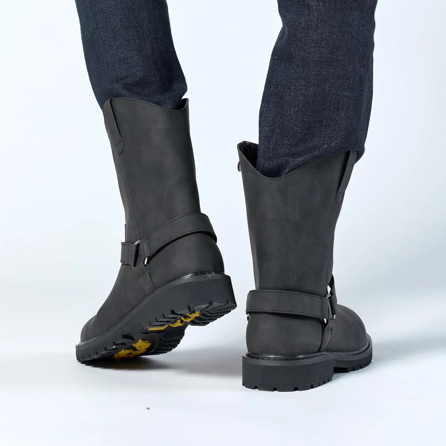 Men's Classic Retro Anti Slip Side Zippered Motorcycle Leather Boots, Black Waterproof Low Heeled Riding Boots, Wide Calf Cowboy Boots, Hiking Hunting Boots