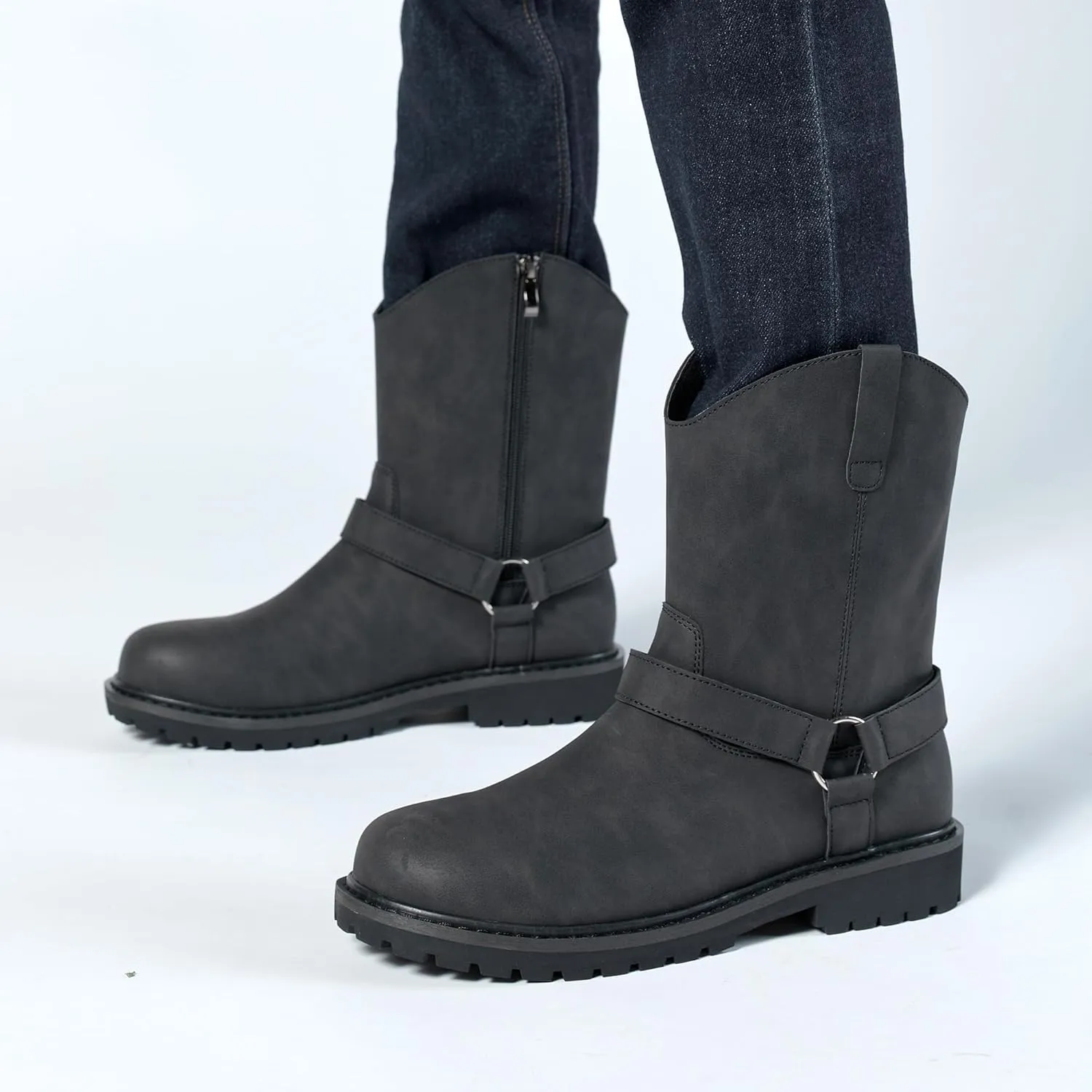 Men's Classic Retro Anti Slip Side Zippered Motorcycle Leather Boots, Black Waterproof Low Heeled Riding Boots, Wide Calf Cowboy Boots, Hiking Hunting Boots
