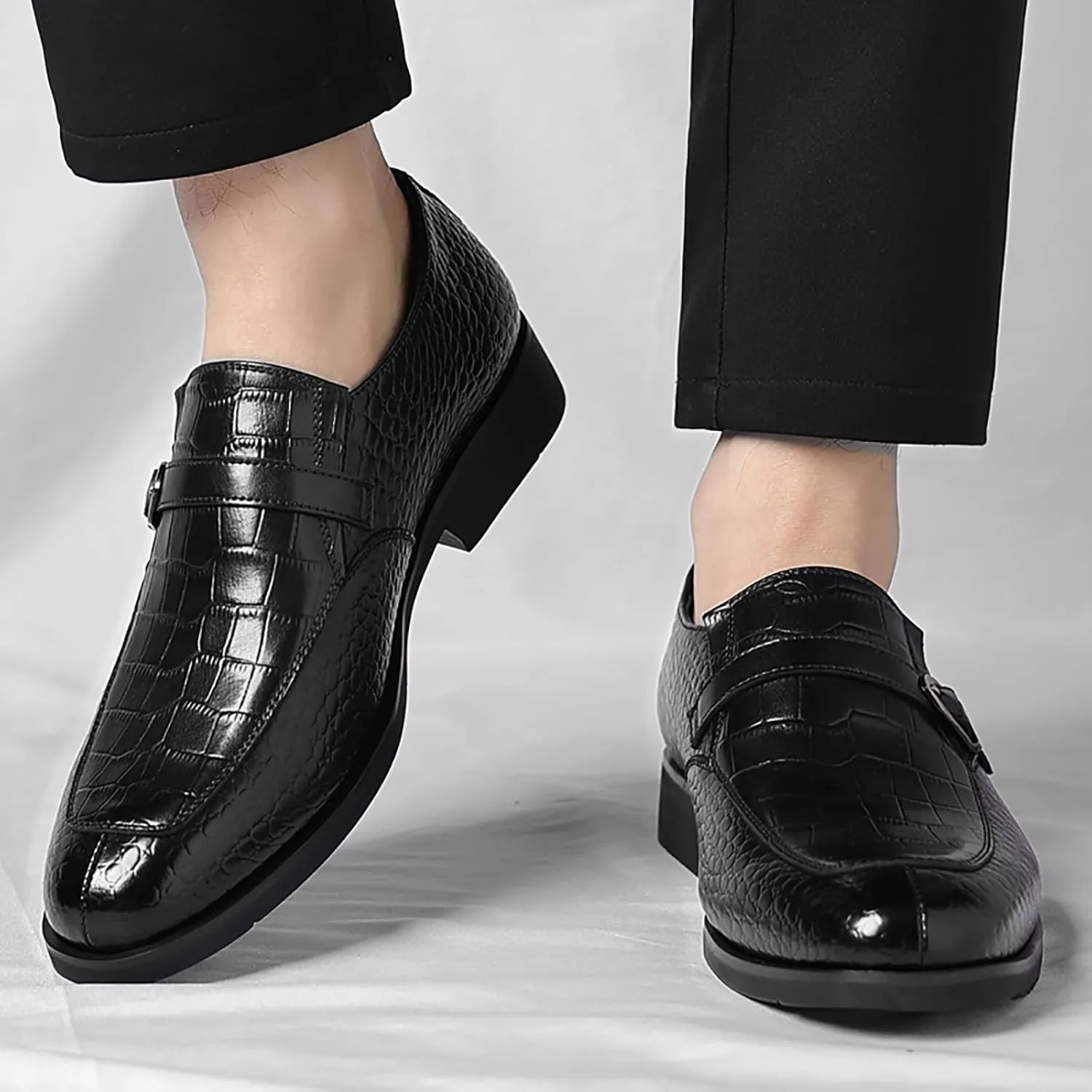 Men's Leather Crocodile Printed Loafers with Buckle Comfortable Slip-On Dress Shoes for Formal Business Work Office