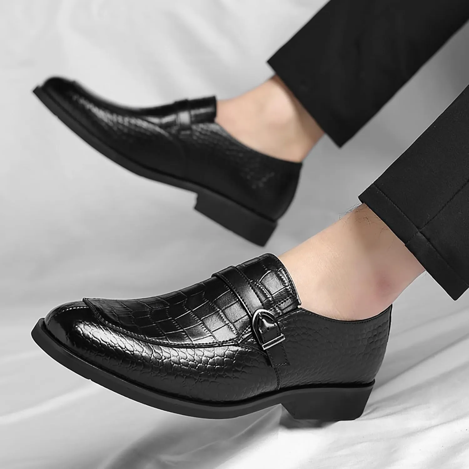 Men's Leather Crocodile Printed Loafers with Buckle Comfortable Slip-On Dress Shoes for Formal Business Work Office
