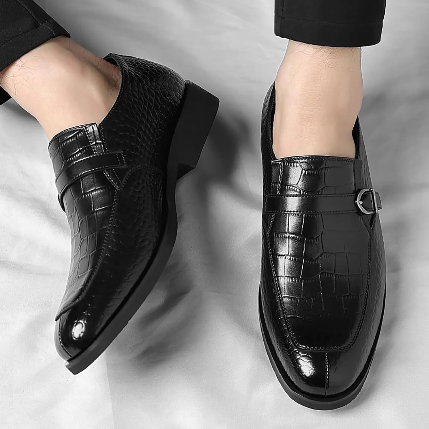 Men's Leather Crocodile Printed Loafers with Buckle Comfortable Slip-On Dress Shoes for Formal Business Work Office