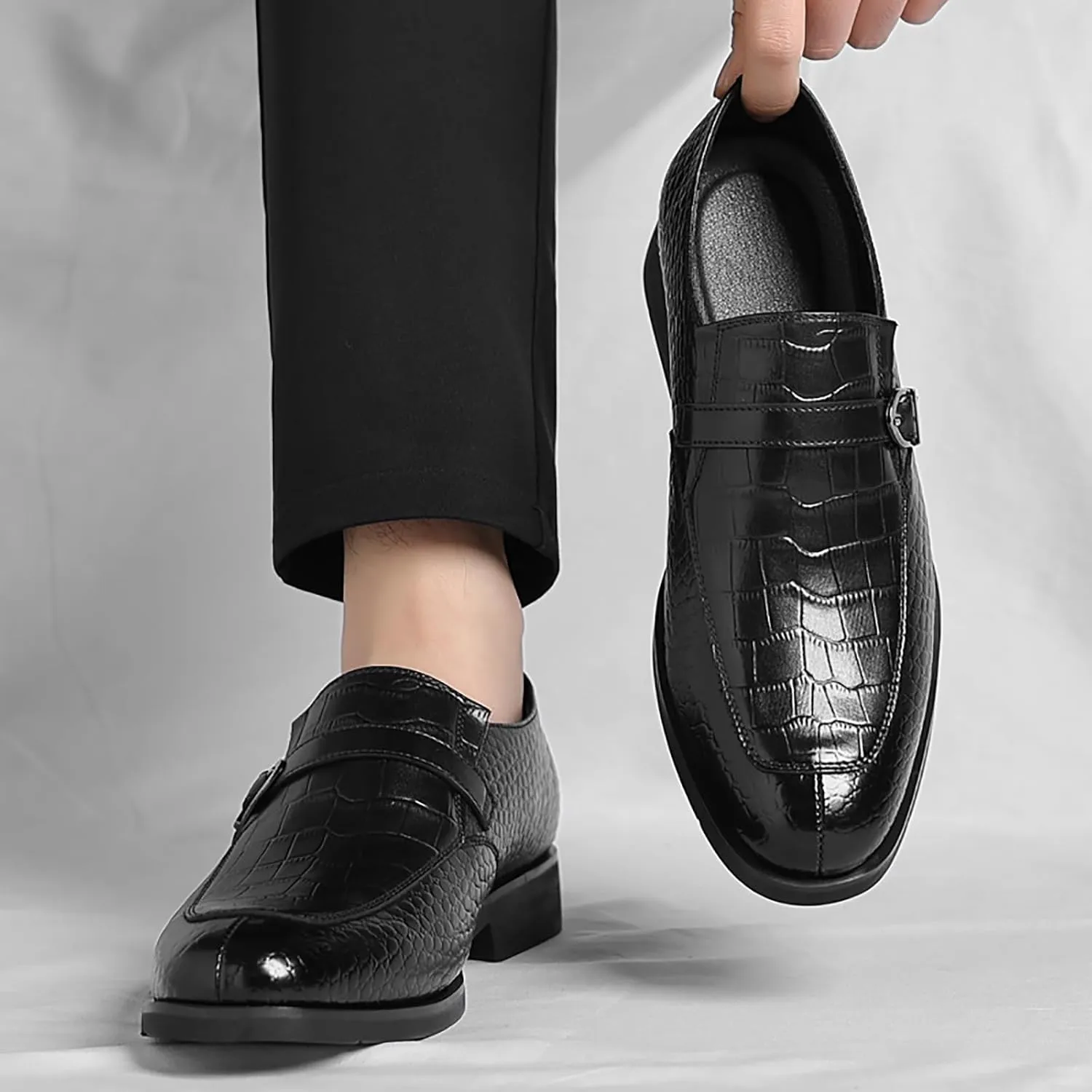 Men's Leather Crocodile Printed Loafers with Buckle Comfortable Slip-On Dress Shoes for Formal Business Work Office