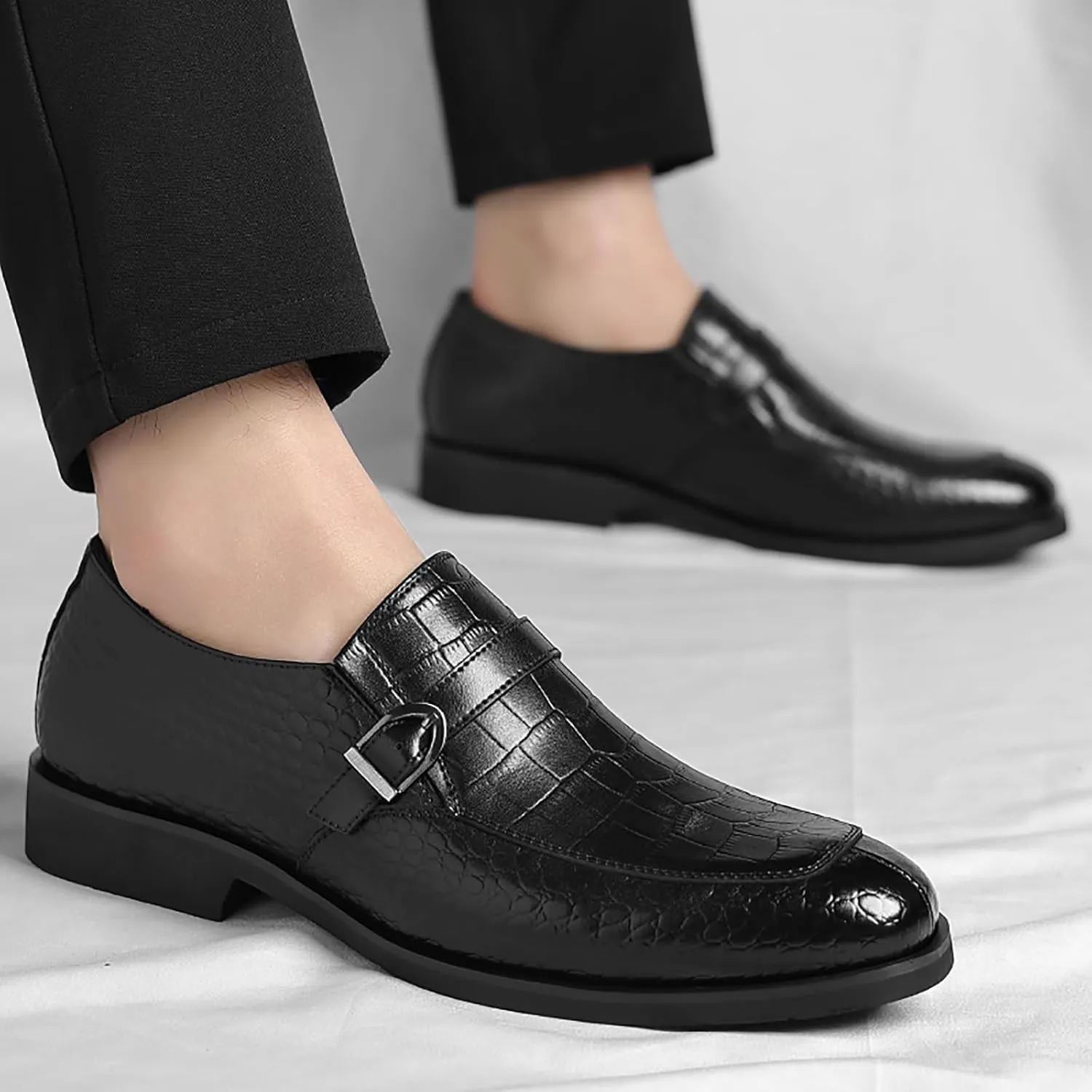 Men's Leather Crocodile Printed Loafers with Buckle Comfortable Slip-On Dress Shoes for Formal Business Work Office