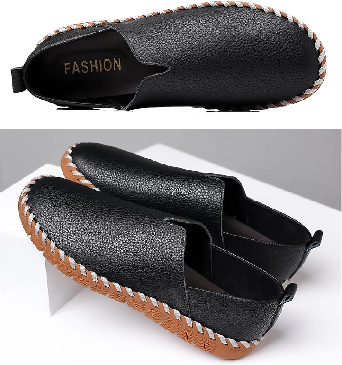 Men's Leather Hand Stitching Penny Loafers Lightweight Breathable Round Toe Slip On Flat Moccasins Outdoor Casual Driving Walking Shoes