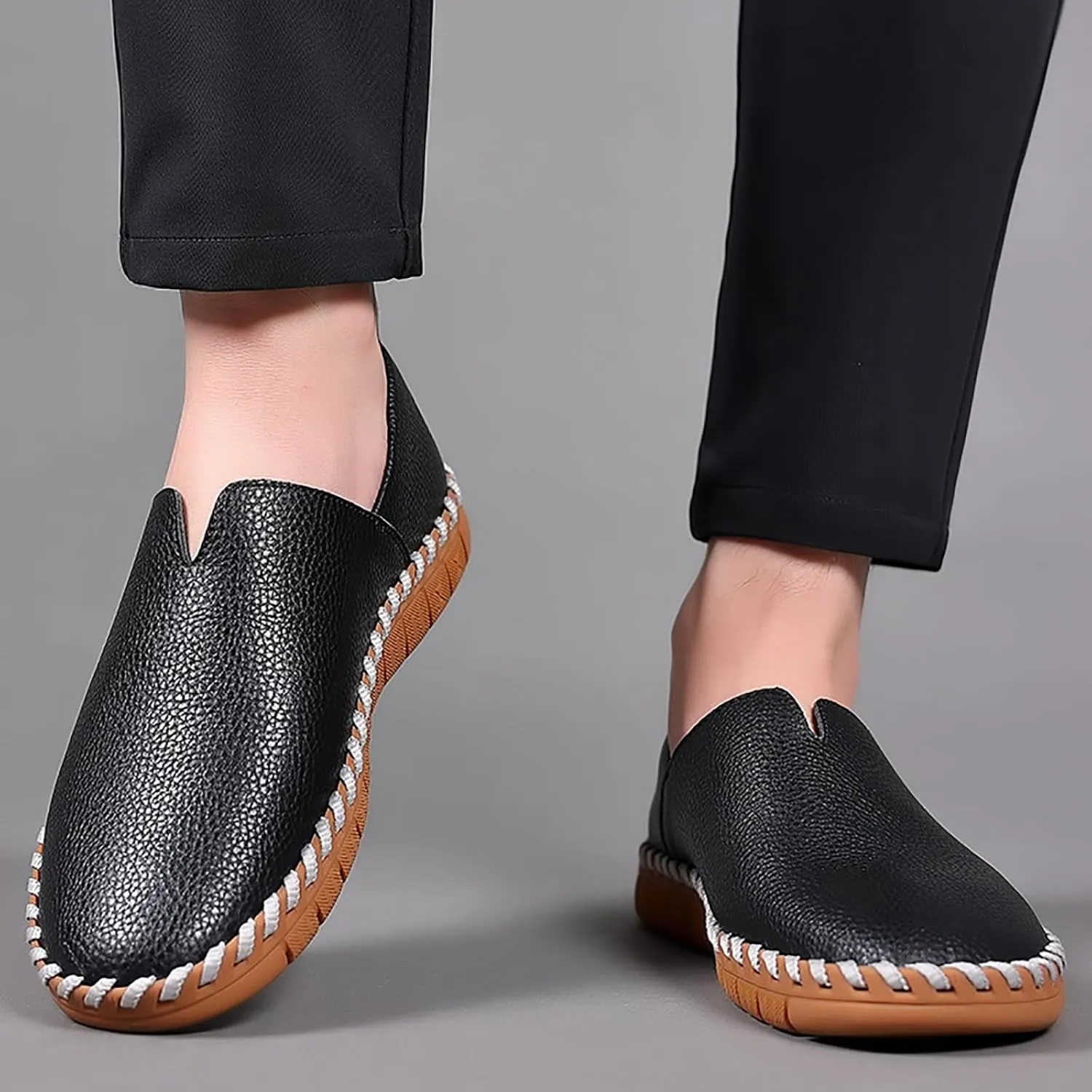 Men's Leather Hand Stitching Penny Loafers Lightweight Breathable Round Toe Slip On Flat Moccasins Outdoor Casual Driving Walking Shoes