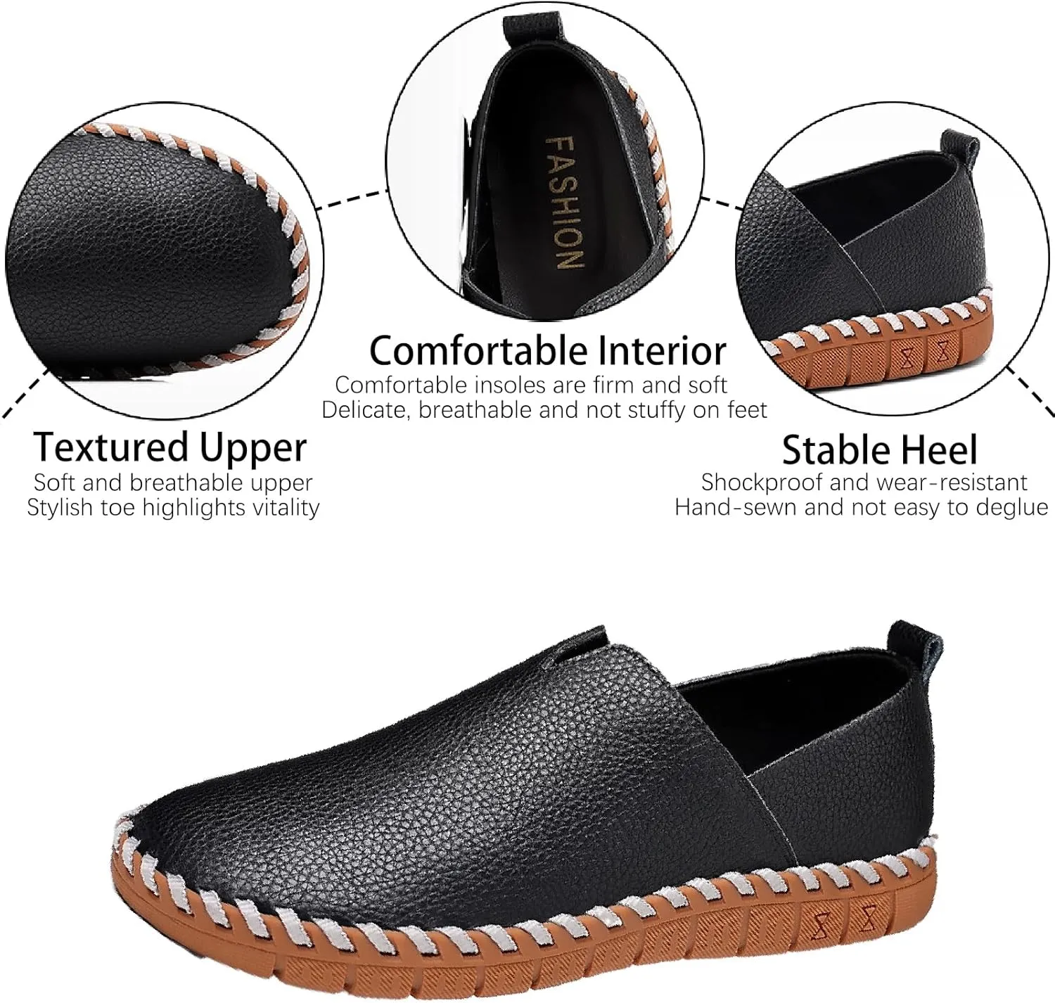 Men's Leather Hand Stitching Penny Loafers Lightweight Breathable Round Toe Slip On Flat Moccasins Outdoor Casual Driving Walking Shoes