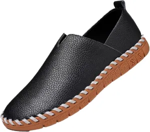 Men's Leather Hand Stitching Penny Loafers Lightweight Breathable Round Toe Slip On Flat Moccasins Outdoor Casual Driving Walking Shoes