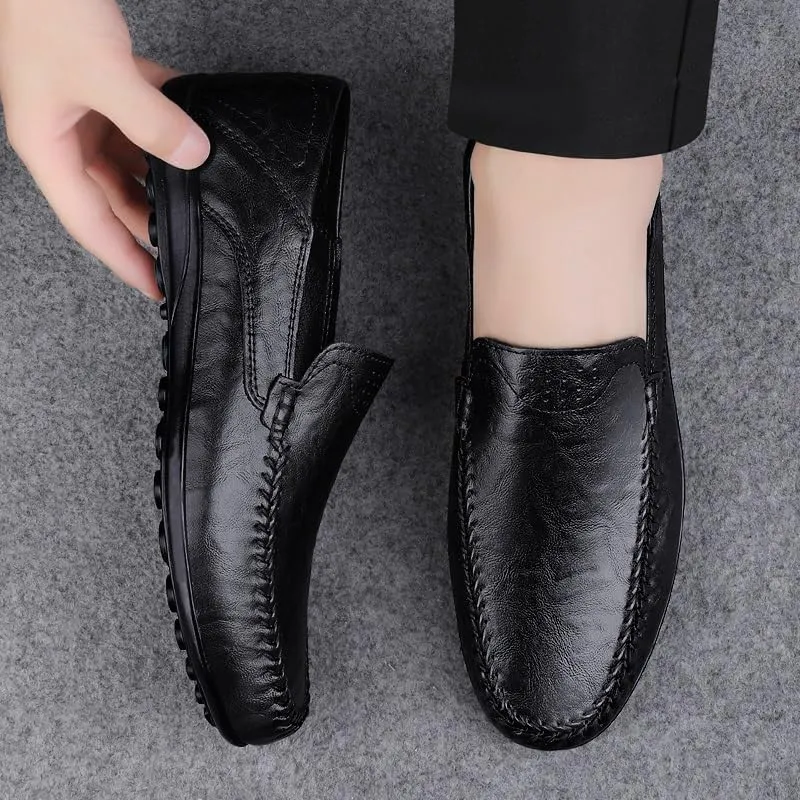Men's Loafers Round Toe Leather Loafer Shoes Flexible Resistant Lightweight Wedding Slip On