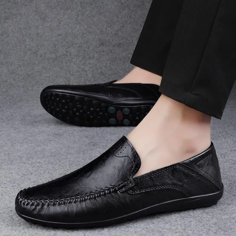 Men's Loafers Round Toe Leather Loafer Shoes Flexible Resistant Lightweight Wedding Slip On
