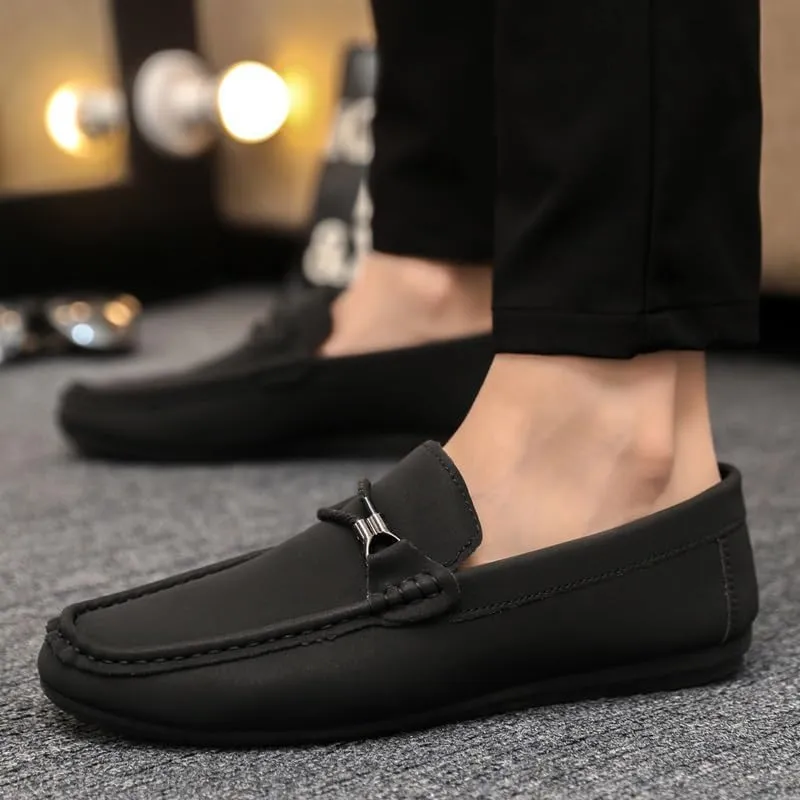 Mens Loafers Shoe Square Toe Faux Leather Apron Toe Moccasins Shoes Flexible Slip Resistant Flat Heel Classic Fashion Slip-on
