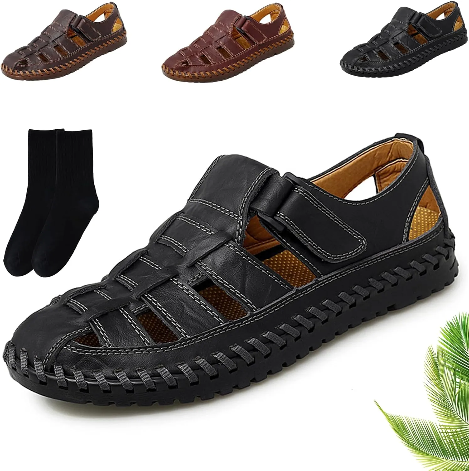 Mens Outdoor Lightweight Closed Toe Leather Sport Sandals, Men's Summer Hollow Out Breathable Fisherman Sandals Adjustable Flat Handmade Beach Shoes