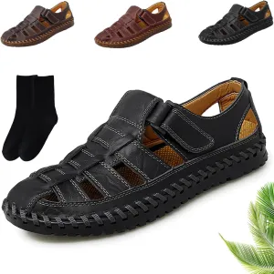 Mens Outdoor Lightweight Closed Toe Leather Sport Sandals, Men's Summer Hollow Out Breathable Fisherman Sandals Adjustable Flat Handmade Beach Shoes