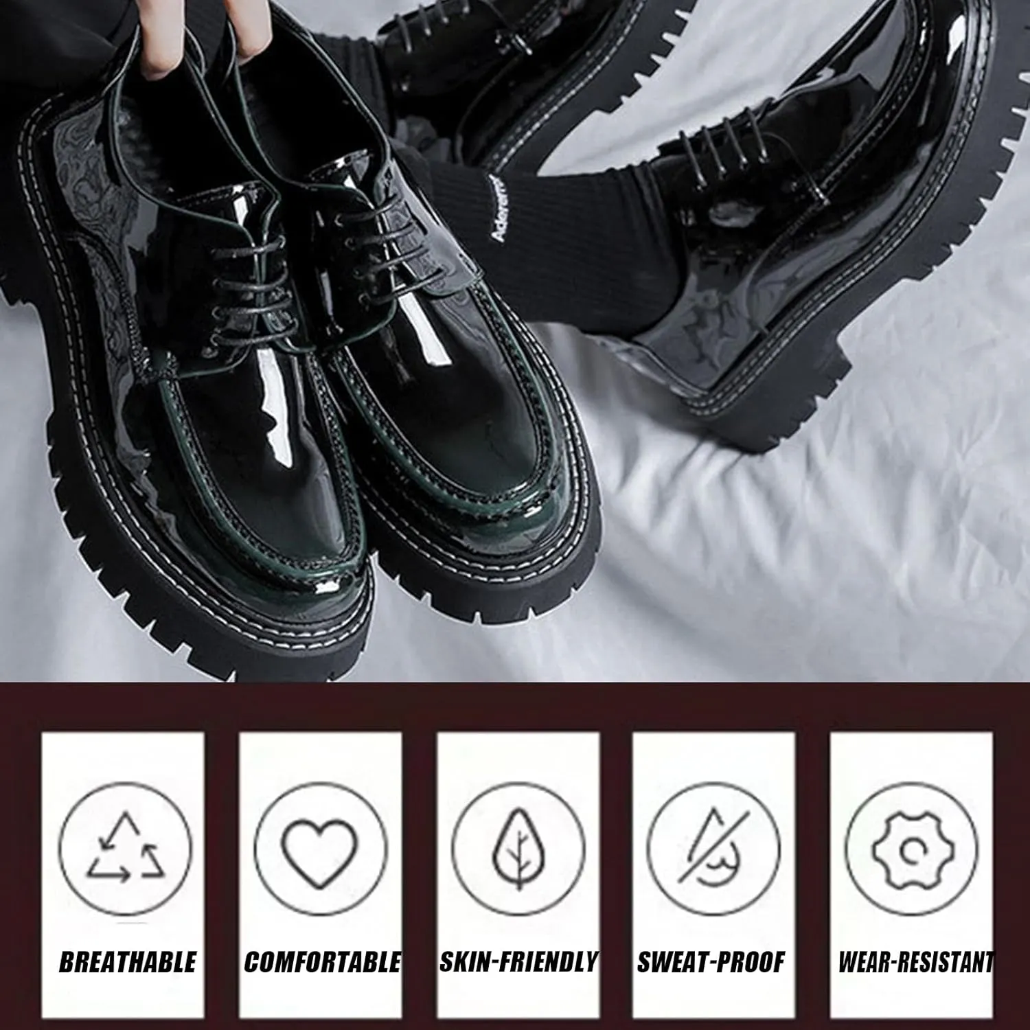 Men's Patent Platform Leather Classic Oxford Shoes Round Toe Lug Sole Non-Slip Lace-Up Business Leather Shoes Fashionable Work Formal Oxfords