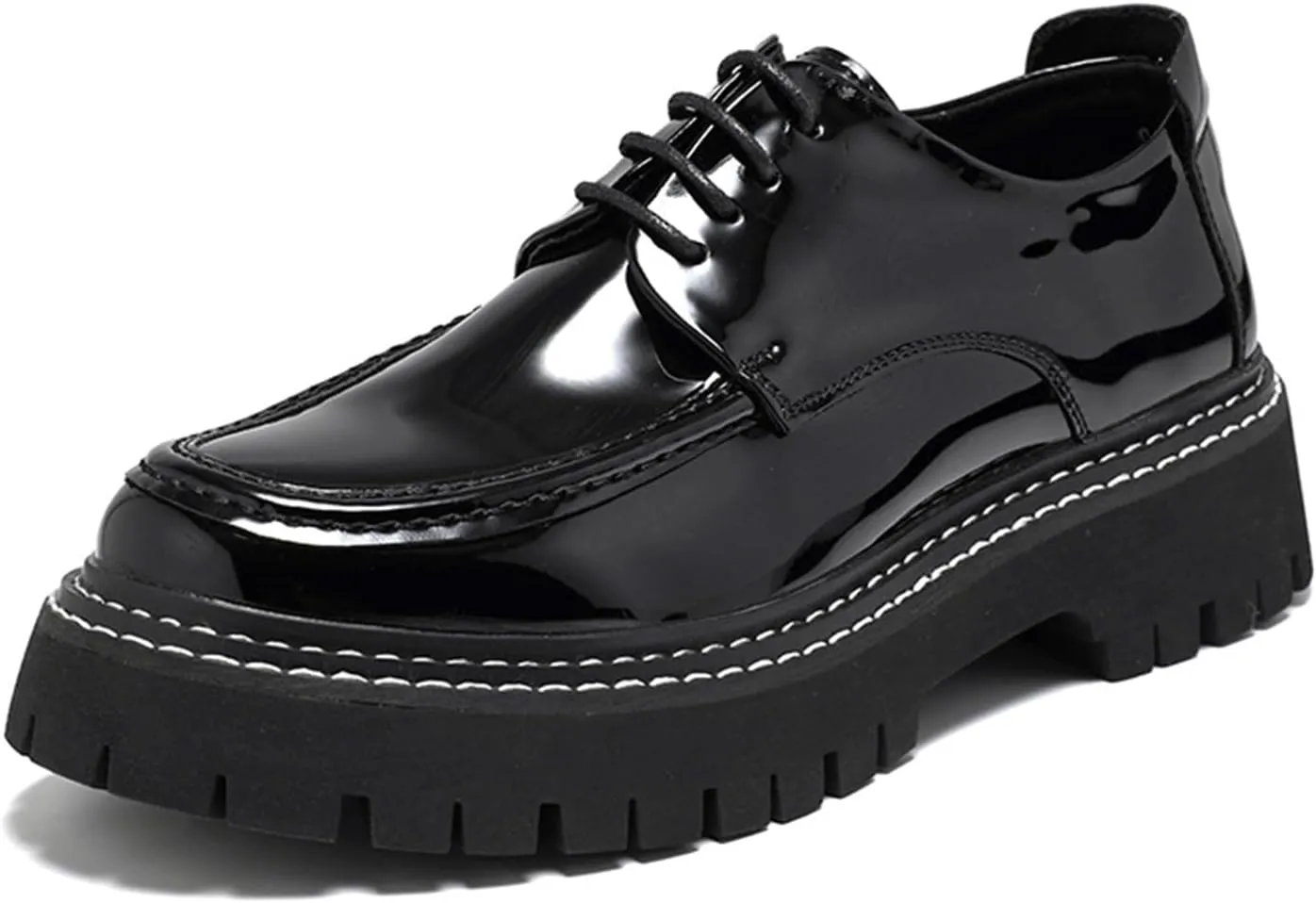 Men's Patent Platform Leather Classic Oxford Shoes Round Toe Lug Sole Non-Slip Lace-Up Business Leather Shoes Fashionable Work Formal Oxfords