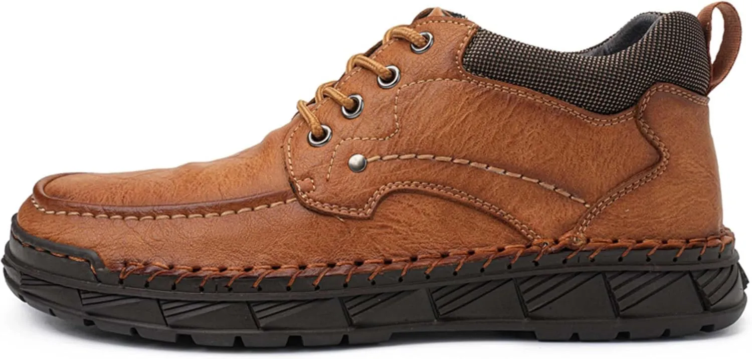 Mens Premium Leather High Top Fashion Outdoor Casual Leather Loafers Non-Slip Sole Comfortable Round Toe Work Shoes Breathable Soft Slip-on Walking Shoes for Men