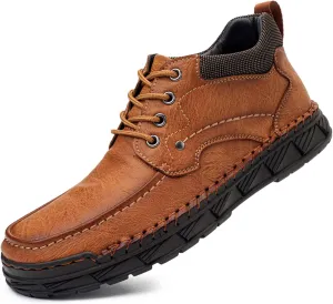 Mens Premium Leather High Top Fashion Outdoor Casual Leather Loafers Non-Slip Sole Comfortable Round Toe Work Shoes Breathable Soft Slip-on Walking Shoes for Men