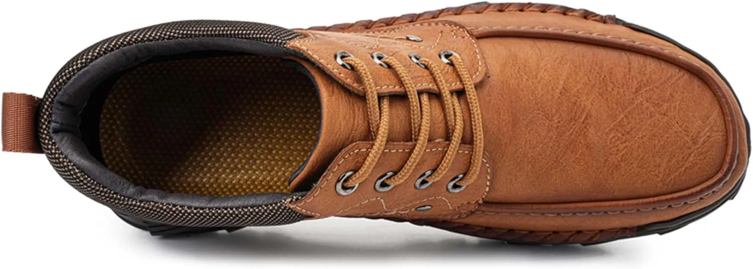Mens Premium Leather High Top Fashion Outdoor Casual Leather Loafers Non-Slip Sole Comfortable Round Toe Work Shoes Breathable Soft Slip-on Walking Shoes for Men
