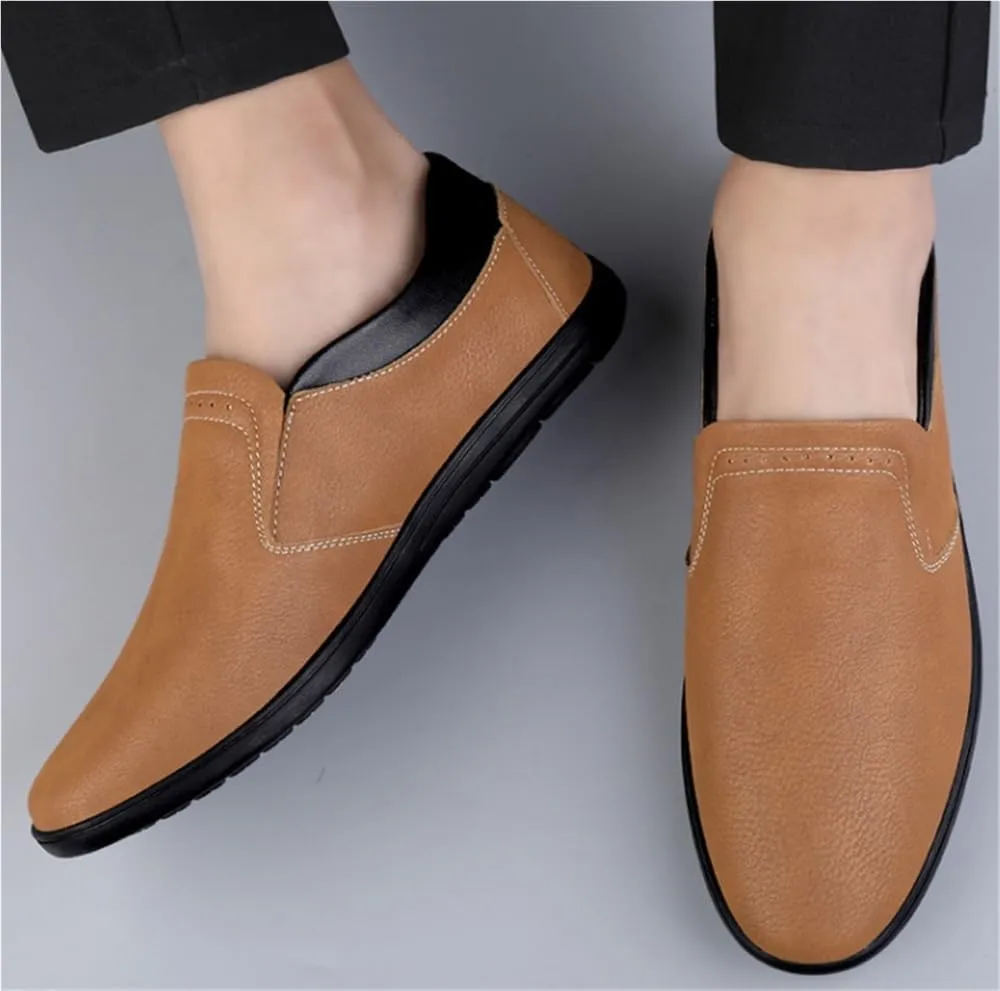 Mens PU Leather Loafers Slip On Round Toe Lightweight Flat Heel Slip Resistant Comfortable Prom Wedding Casual Shoes