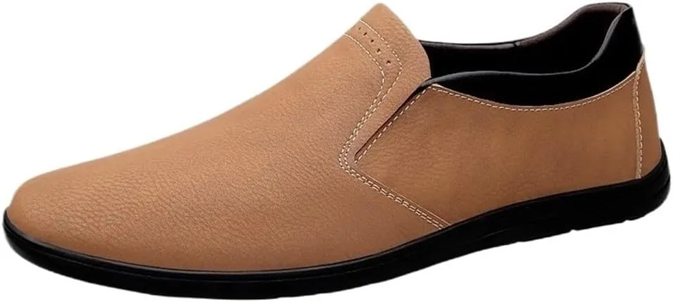 Mens PU Leather Loafers Slip On Round Toe Lightweight Flat Heel Slip Resistant Comfortable Prom Wedding Casual Shoes