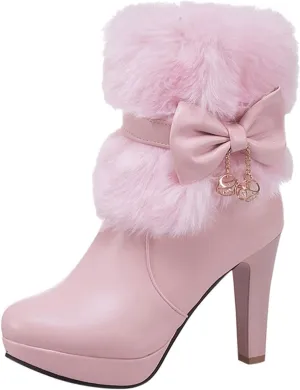 Mid Calf Boots for Women Autumn Winter Pu Leather Mid-Calf Fluffy Warm Bow Waterproof Thick With High Heel Snow Boots